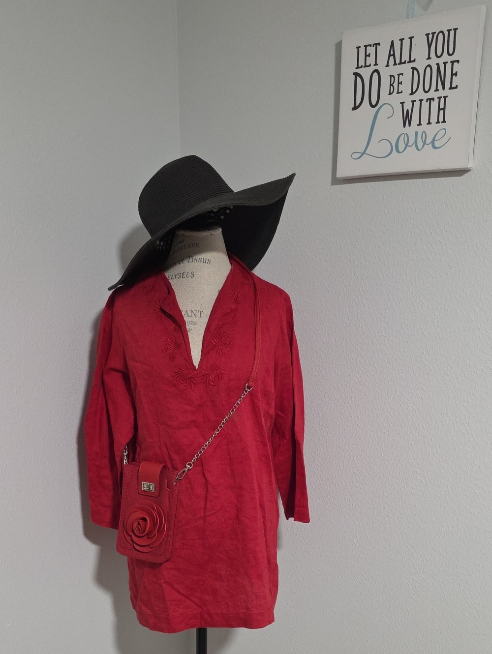 Chaps Classics Linen Red Tunic Top with Embroidered V-Neck